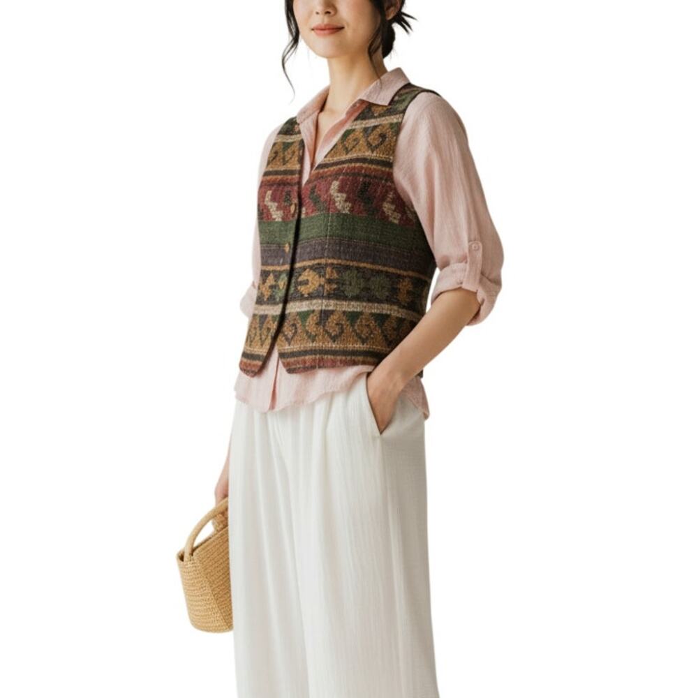 Vintage 80s Southwestern Tapestry Print Button Front Vest Cotton Medium